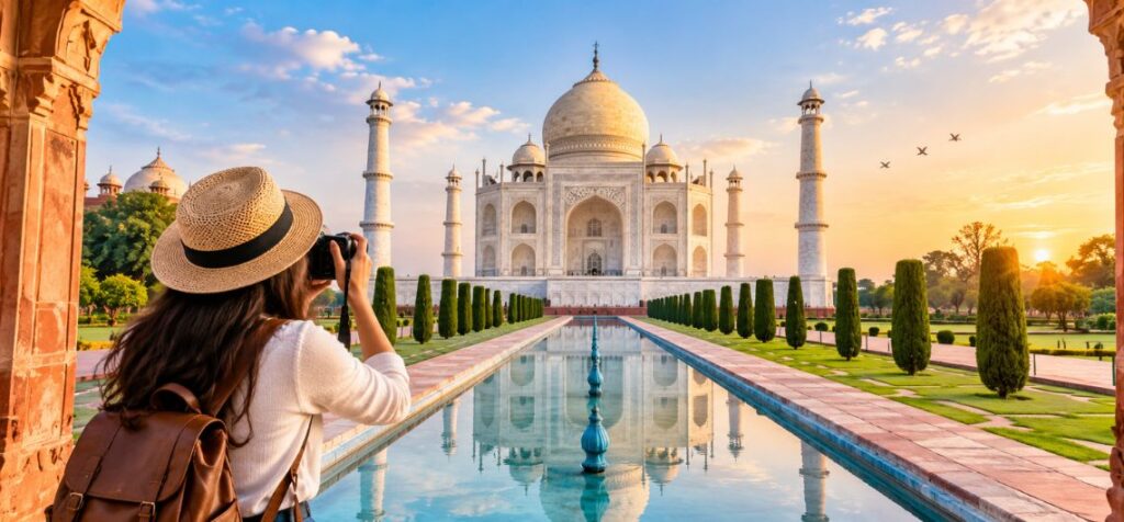 Tourist taking photos of the Taj Mahal during a scenic visit