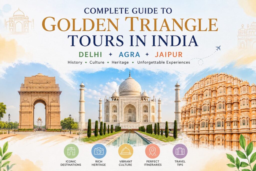 Complete guide to Golden Triangle tours in India featuring Delhi’s India Gate, the Taj Mahal in Agra, and Hawa Mahal in Jaipur.