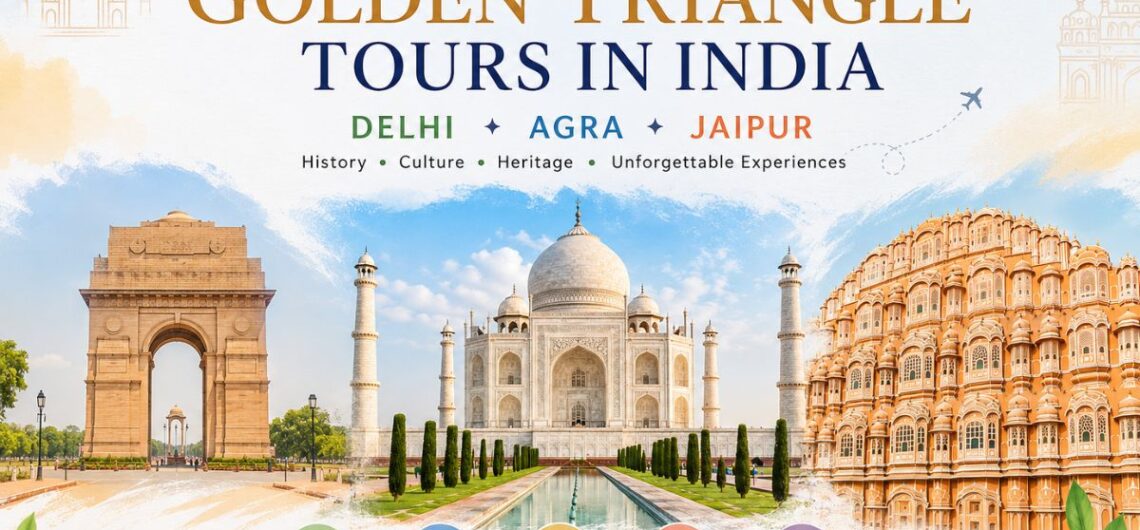 Complete guide to Golden Triangle tours in India featuring Delhi’s India Gate, the Taj Mahal in Agra, and Hawa Mahal in Jaipur.