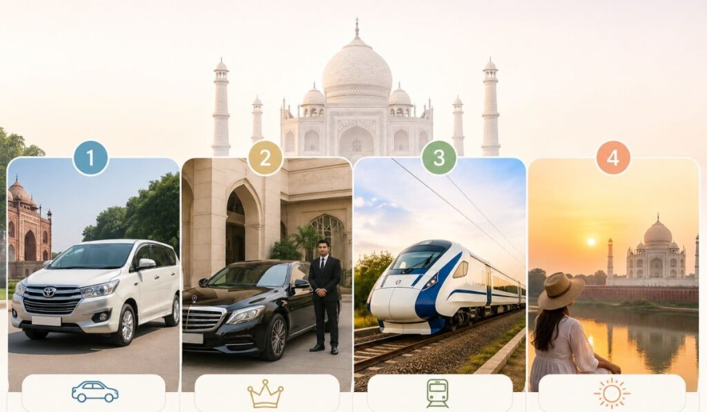 Best Taj Mahal Tour Options from Delhi Illustration showing Taj Mahal tour options from Delhi, including private car tour, luxury car tour, train tour, and sunrise Taj Mahal tour.