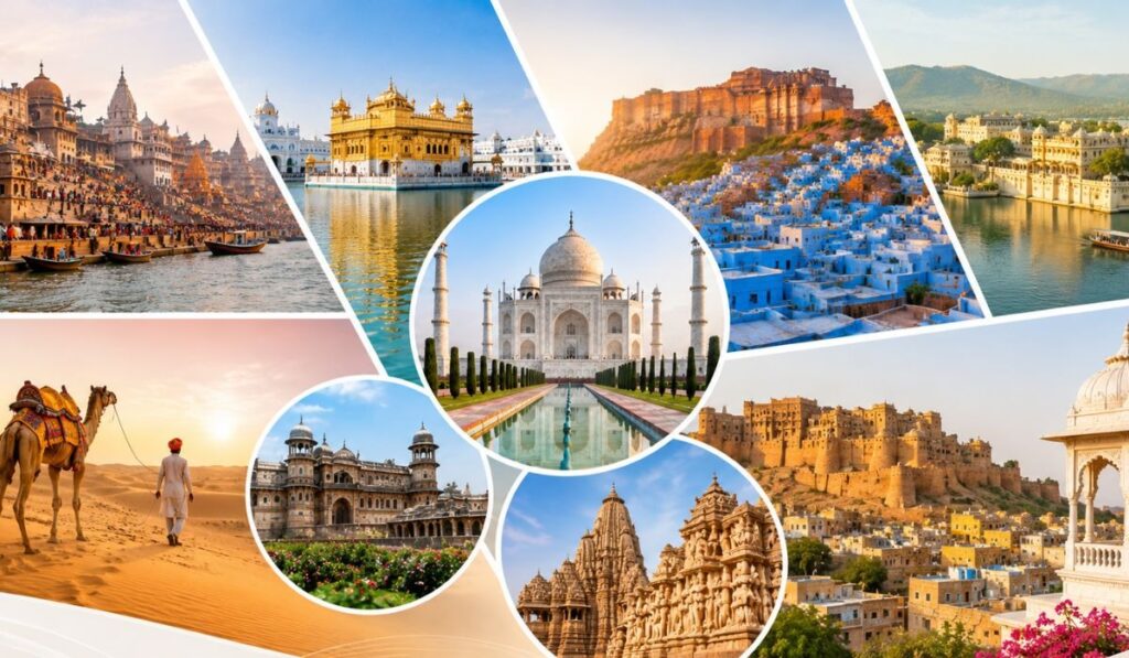 Best India Tour Destinations – Complete India Travel Guide Collage of India's top tourist destinations including the Taj Mahal, Varanasi Ghats, Golden Temple, Jodhpur, Udaipur, Jaisalmer Desert, Khajuraho Temples, Gwalior Fort, and Jaisalmer Fort.