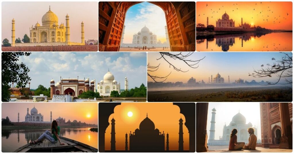 Taj Mahal Sunrise and Sunset Views Collage of Taj Mahal sunrise and sunset views from different viewpoints, featuring golden morning light, reflections, and scenic perspectives.