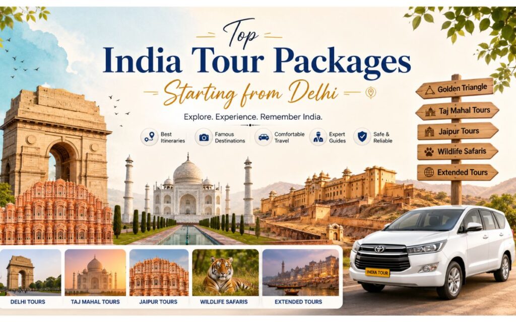 Travel banner featuring India Gate, Taj Mahal, Amber Fort, Hawa Mahal, Bengal tiger, Varanasi Ghats, and a private car showcasing top India tour packages from Delhi.