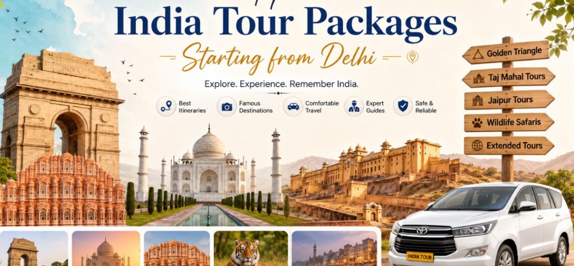 Travel banner featuring India Gate, Taj Mahal, Amber Fort, Hawa Mahal, Bengal tiger, Varanasi Ghats, and a private car showcasing top India tour packages from Delhi.
