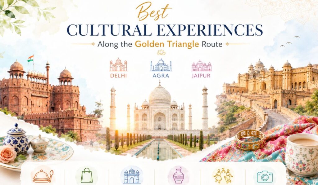 Golden Triangle cultural experiences in Delhi, Agra, and Jaipur featuring heritage monuments, local cuisine, traditional handicrafts, Rajasthani art, and marble craftsmanship.