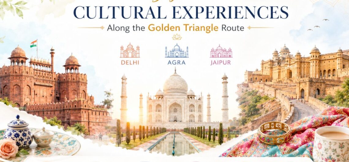 Golden Triangle cultural experiences in Delhi, Agra, and Jaipur featuring heritage monuments, local cuisine, traditional handicrafts, Rajasthani art, and marble craftsmanship.