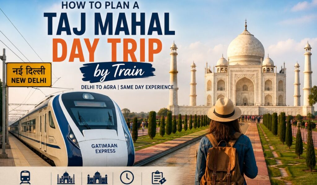 Taj Mahal day trip from Delhi by train featuring the Gatimaan Express, a traveler arriving in Agra, and the Taj Mahal in the background.