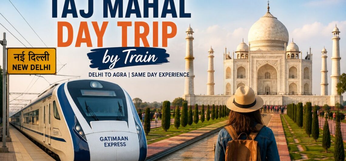 Taj Mahal day trip from Delhi by train featuring the Gatimaan Express, a traveler arriving in Agra, and the Taj Mahal in the background.