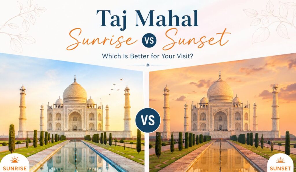 Side-by-side sunrise and sunset views of the Taj Mahal showing the difference in lighting and atmosphere