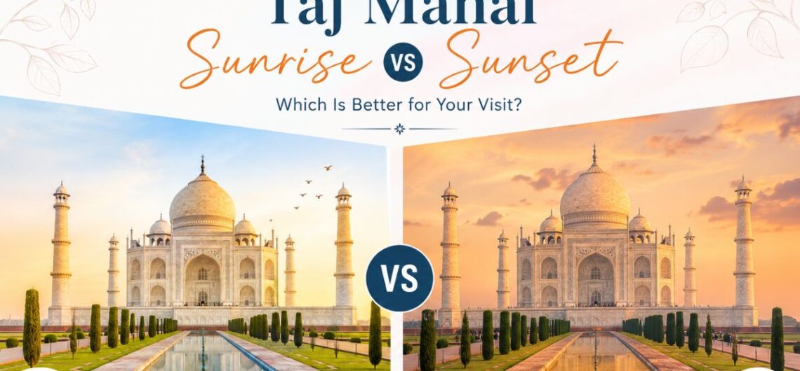 Side-by-side sunrise and sunset views of the Taj Mahal showing the difference in lighting and atmosphere
