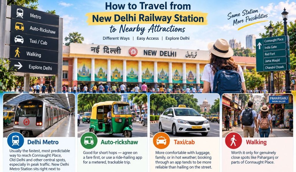 How to Travel from New Delhi Railway Station to Nearby Attractions Ways to travel from New Delhi Railway Station to nearby attractions by metro, auto-rickshaw, taxi and walking