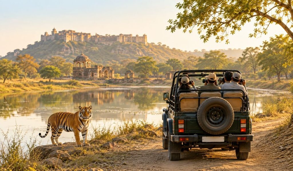 Ranthambore Jeep Safari with Tiger and Ranthambore Fort Ranthambore Jeep Safari with tourists viewing a tiger near a lake with Ranthambore Fort in the background.