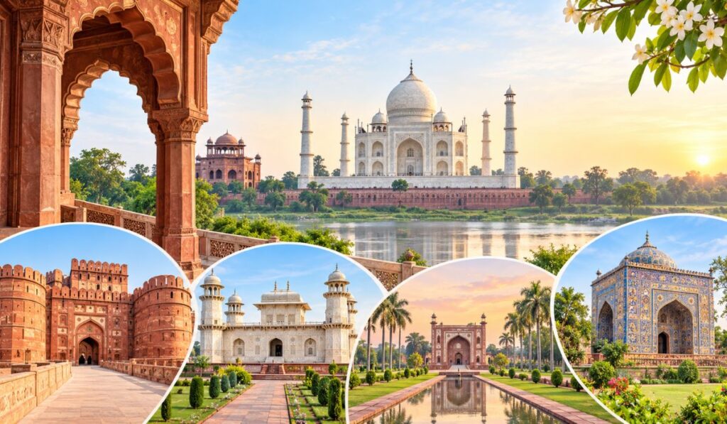 Mughal architecture in Agra featuring the Taj Mahal, Agra Fort and historic Mughal monuments