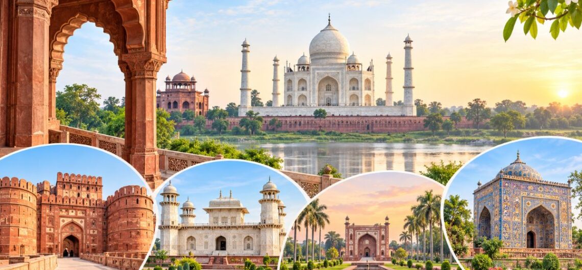 Mughal architecture in Agra featuring the Taj Mahal, Agra Fort and historic Mughal monuments