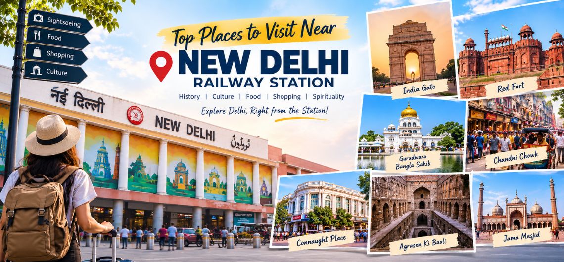 Top places to visit near New Delhi Railway Station including India Gate, Red Fort and Chandni Chowk