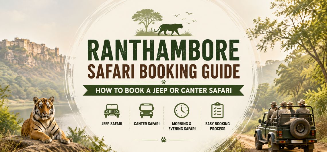 Ranthambore Safari Booking Guide showing Jeep Safari, Canter Safari, morning and evening safari options, and tiger wildlife.