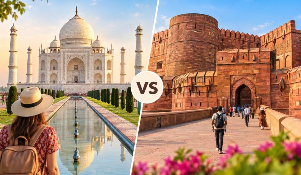 Side-by-side view of the Taj Mahal and Agra Fort showing two iconic historical landmarks in Agra