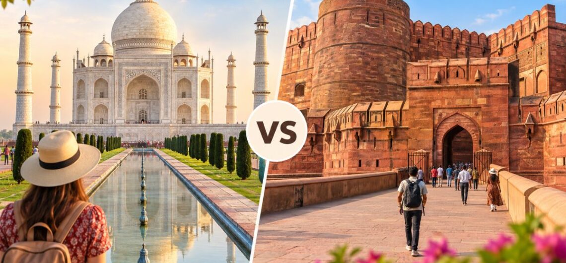 Side-by-side view of the Taj Mahal and Agra Fort showing two iconic historical landmarks in Agra