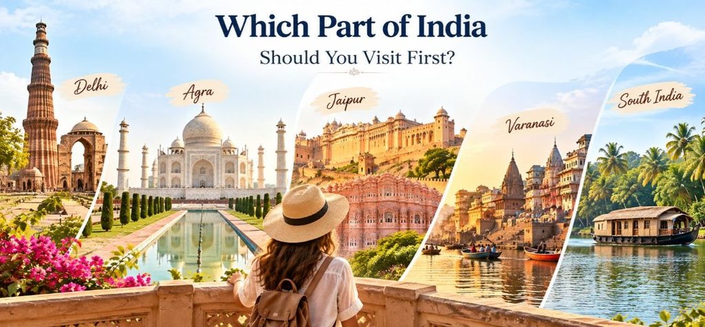 Which Part of India Should You Visit First? Which part of India should you visit first, featuring Delhi, Agra, Jaipur, Varanasi, and South India.