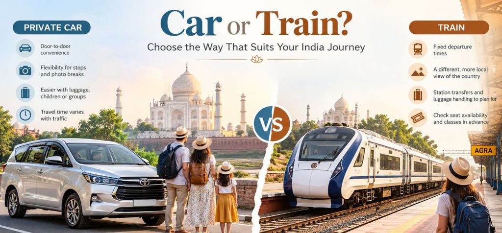 Car vs Train Travel in India: Which Is Better? Private car and express train travel options for a Taj Mahal trip in Agra, India.