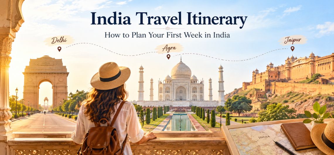 India travel itinerary featuring India Gate, Taj Mahal, Hawa Mahal and Jaipur's Amber Fort