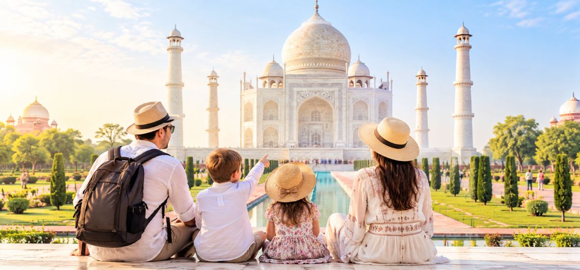 Family with young children exploring the Taj Mahal gardens in Agra